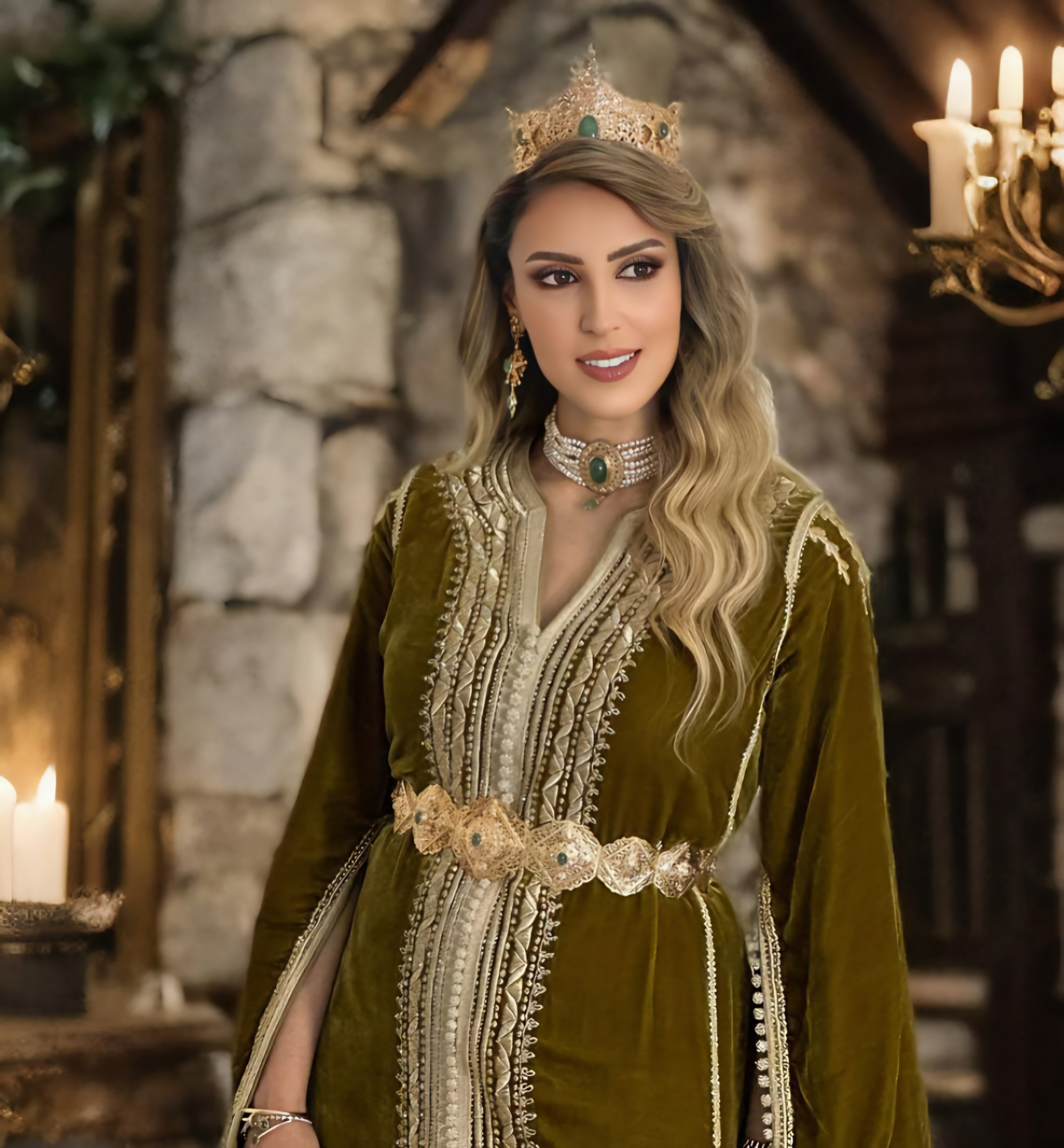 Mariée portant un caftan marocain vert olive et or, avec une couronne.